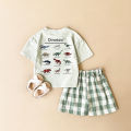 Summer 2Pcs Newborn Baby Boys Clothes Set Girls Suit Casual Dinosaur Printed T-shirt+Checkered Shorts Infant Toddler Outfit 0-3Y.