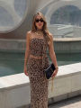Women Leopard Print 2 Piece Outfit Strapless Ruched Crop Top Maxi Skirt Set With Choker Scarf Party Clubwear For Summer. 