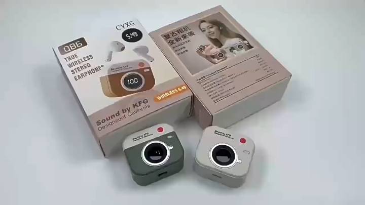 2026 New Style Retro Camera Design Q86 Earbuds, Bluetooth 5.3 Semi-In-Ear Headphones with Digital Battery Indicator