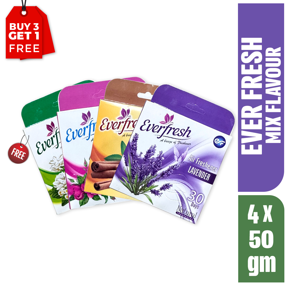 Ever Fresh Mix flavour (Buy 3 Get 1 FREE) Bathroom Air Freshene Blockr 50 gm each (Lavender, Rose, Jasmine & Sandal)