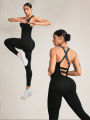 Seamless Women's Yoga Jumpsuits Racerback Strappy Back Athletic One-Piece Bodysuits for Gym & Workout Activewear.