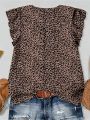 European and American Style Summer Slimming Plus Size Women's Leopard Print Short Sleeved Round Neck Lotus Leaf Sleeve Top. 