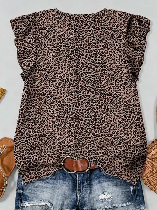 European%20and%20American%20Style%20Summer%20Slimming%20Plus%20Size%20Women's%20Leopard%20Print%20Short%20Sleeved%20Round%20Neck%20Lotus%20Leaf%20Sleeve%20Top%20-%20Image%202