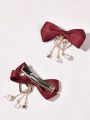 Fashion 2 Pcs Bow Tie Hairpin For Girl With Metal Heart and Golden Pearl Baby and Lady Silk Hair Headpiece For Daily Dressing. 