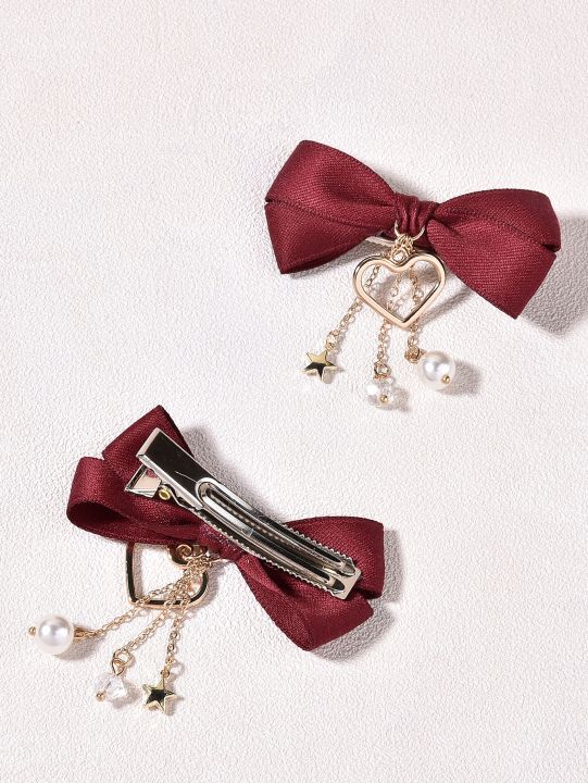 Fashion%202%20Pcs%20Bow%20Tie%20Hairpin%20For%20Girl%20With%20Metal%20Heart%20and%20Golden%20Pearl%20Baby%20and%20Lady%20Silk%20Hair%20Headpiece%20For%20Daily%20Dressing%20-%20Image%204