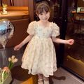 1-8 Years Old Summer Full Print Rose Flower Lace Girls Dress Big Bow Pearl decoration Princess Party Dress For Kids. 