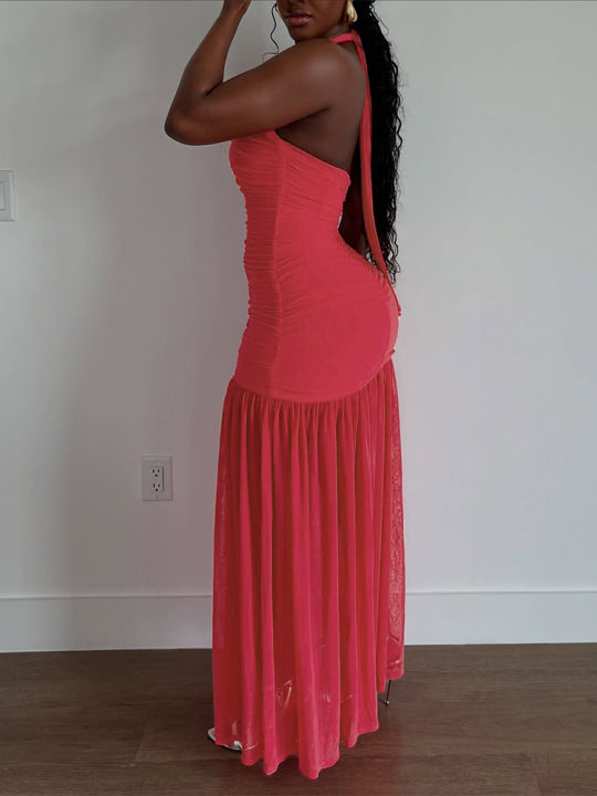 Nibber%20See%20Through%20Hem%20Dress%20Women%20Ruched%20Halter%20Summer%20Trend%20Sleeveless%20Backless%20Patchwork%20Midnight%20Clubwear%20Party%20Maxi%20Bodycon%20-%20Image%202