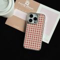 Simple Red Plaid Grid Pattern Acrylic Material Glossy Surface Silver-Plated Phone Case for iPhone 13 14 15 16 17 Pro Max. 
