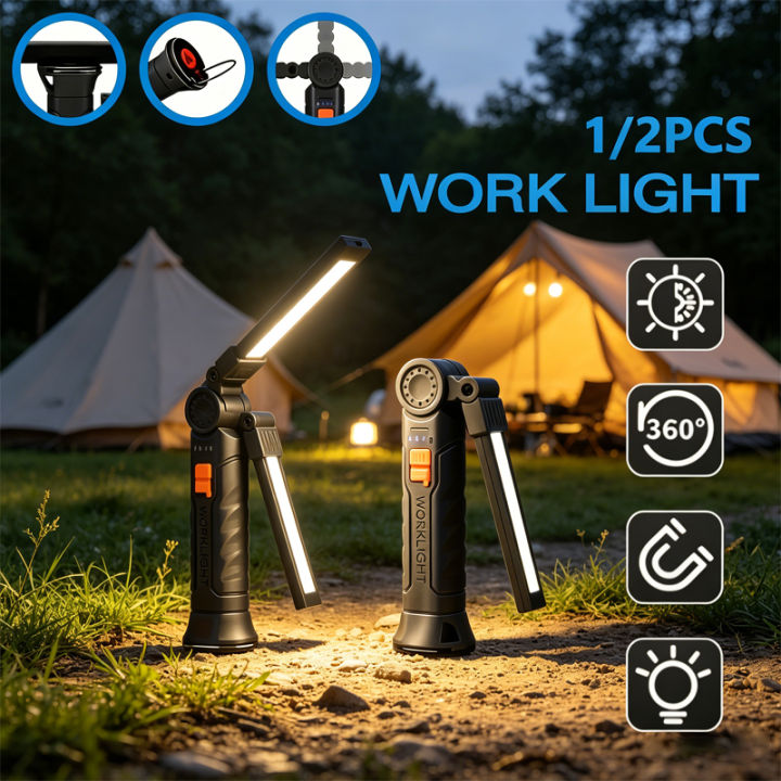 Portable COB LED Flashlight Rechargeable Work Light with Magnetic Lanterna Hanging Lamp with Built-in Battery Camping