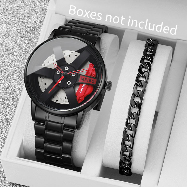 2PCS Fashion Men Sports Watches 3d Car Wheel Stainless Steel Band Wrist Watch Men's Quartz Watch Bracelet Set（Without Box）