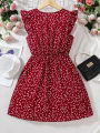 Girls retro red dress with white dots: elegant V-neck design, comfortable fit, suitable for parties and daily life.
