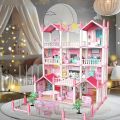 4--Storey Big Doll House Villa with 4 Dolls Children's Family DIY Accessories Assembly Dream Castle Toy Girl Gift. 