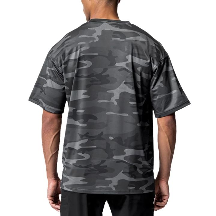 Camouflage%20Running%20T-shirts%20Mens%20Oversized%20Half%20Sleeve%20Dropped%20Shoulder%20Loose%20Fitness%20T%20Shirt%20Summer%20Gym%20Bodybuilding%20Tops%20Tees%20-%20Image%202