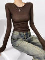 Women Crew Neck Fitted Long Sleeve Semi Sheer T-shirt. 