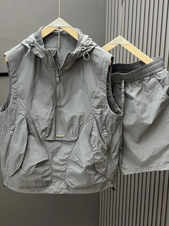 Casual Hooded Sleeveless Suit Men's Summer Workwear Thin Loose Fashion Couple Sleeveless Waistcoat Shorts Two-Piece Set Men