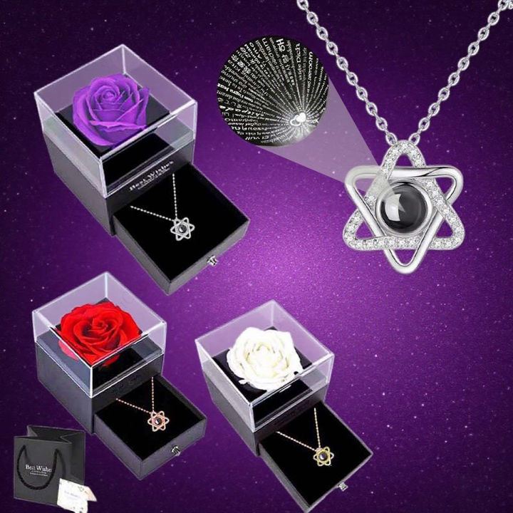 Luxury 100 Languages Projection Pendant Necklaces With Rose  Box For Women Girlfriend Wife  Valentine Jewelry