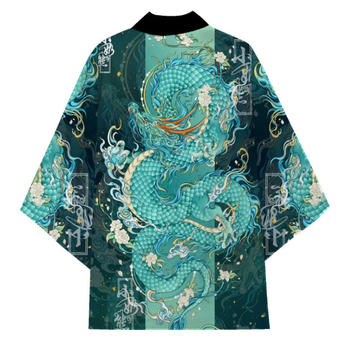Japanese%20Traditional%20Samurai%20Kimono%20Men%20and%20Women%20Anime%20Dragon%20Pattern%20Green%20Loose%20Three-quarters%20Sleeved%20Shirt%20-%20Image%206
