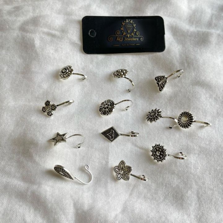 10Pcs Oxidised Antique Silver/Golden Nose ring Non piercing Pressing Nose Pin Stud for Women & Girls, Antique Nose Pin, Chutki Nose Pin for girls
