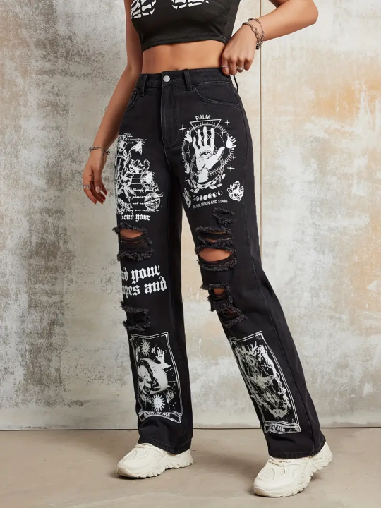 2025%20New%20Style%20Women's%20Jeans%20Women's%20Spring%20And%20Autumn%20New%20Hot%20Selling%20Street%20INS%20Same%20Style%20Print%20Ripped%20Straight%20Jeans%20-%20Image%204