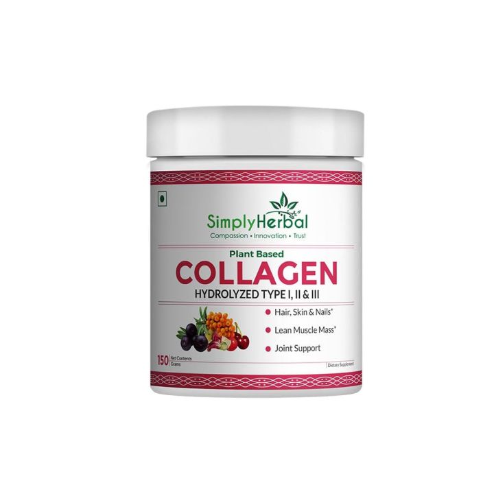 Simply Herbal Plant Based Collagen Powder Natural Peptide Builder Supplement Drink With Vitamin C, Silica, & Biotin For Skin Hair Nail Health Promote Bone Joint Function for Men & Women – 300 gm