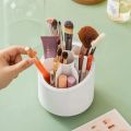 360° Rotating Makeup Brush Holder | Transparent Brush Organizer Box with Lid | Dust-Proof Vanity Desktop Bathroom Counter Cosmetic Accessory - White (1-Piece). 