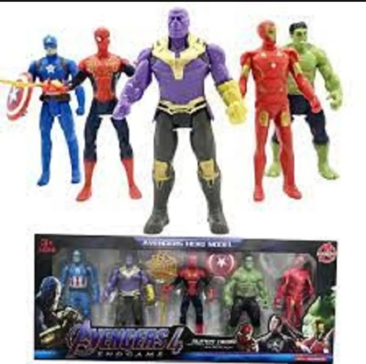 5 x Marvel Avengers Superheroes Action Figure - Spiderman Ironman Thanos Hulk Captain America Toy with Box - Mainan Hero