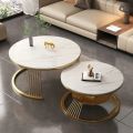 Luxe Living Co - Customized Modern Round MDF Top, Coffee Table ,with Black Glass Center, Gold Metal Frame, and Iron Base -Nesting Table, Tea Table, Side Table, Dining Table , and Decorative Table for Living Room, Office, or Drawing Room with Wooden Top. 