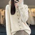 First Line 100% Merino Wool Knitted Cardigan Women's Autumn And Winter Hoodie Loose Sweater Fashionable Versatile Coat Top YC014.