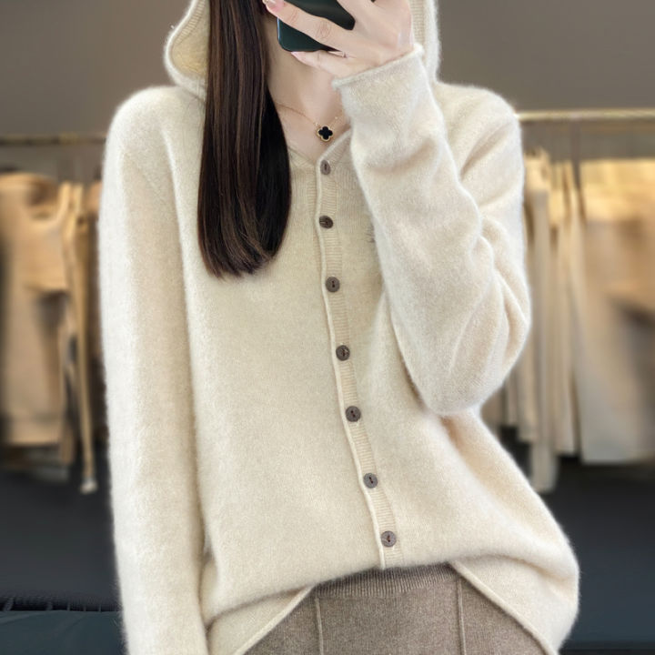 First Line 100% Merino Wool Knitted Cardigan Women's Autumn And Winter Hoodie Loose Sweater Fashionable Versatile Coat Top YC014