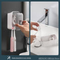 MENGNI Toothpaste Dispenser Wall-Mounted Bathroom Toothpaste Squeezer Punch-Free Toothbrush Holder Rack manual operation.