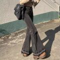 Woman High Waist Vintage Casual Flare Jeans Girls Elastic Slim Fit Bell Bottom Pants Lady Fashion Blue Black Grey Denim Trousers. 