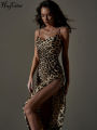 Hugcitar Leopard Print Swing Collar Sleeveless  Maxi Slit Prom Dress Summer Women Fashion Y2K Clothes Party Beach Vacation. 