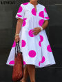 VONDA Women Maxi Long Dress 2024 Summer Bohemian Polka Dot Dress V Neck Party Sundress Loose Vestidos Beach Robe Elegant. 