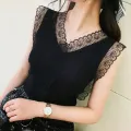 Lace Trim Tank Top Women Stretchy Knitted Sleeveless V-Neck Vest Fitted Crop Tops Teen-girl Summer Korean Fashion Elegant Outfit. 