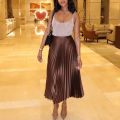 HXAO Women's Pleated Skirt Summer Brown Ruffle Skirt Cylinder Pleats Mid Waist Midi Skirt Fashion Elegant Women Long Skirt 2025.