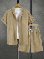 Men's Sophisticated Pleated Set Khaki Textured Cuban Collar Shirt & Elastic Waist Shorts 2 Piece Commute Outfit.