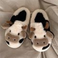New Winter Unisex Cartoon Cow Warm Plush Slippers Couple's Indoor Non-slip House Slides Men And Women Toe Wrap Home Cotton Shoes. 
