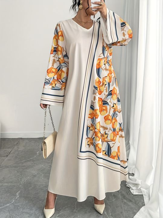 Plus Size Fashionable Women's Middle East Robe Dress Ethnic Print Loose Comfortable Vacation Style Long Sleeve V-Neck Gown
