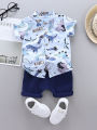 2PCS Baby Toddler Summer Outfit Set Cartoon Spotted Dinosaur Print Stand up Collar Short Sleeved Shirt And Shorts for Kids. 
