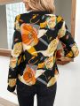 Plus Size 1XL-5XL New Women Spring/Summer Fashion Contrast Printed V-neck Long Sleeved Shirt Ladies Casual Commuter Shirt.