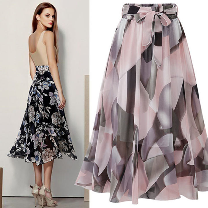 2024%20Summer%20Print%20Floral%20Skirts%20For%20Women%20Casual%20Loose%20Elastic%20Waist%20Plus%20Size%20Skirt%20Belt%20A-line%20Chiffon%20Beach%20Saias%20Midi%20Femme%20-%20Image%203