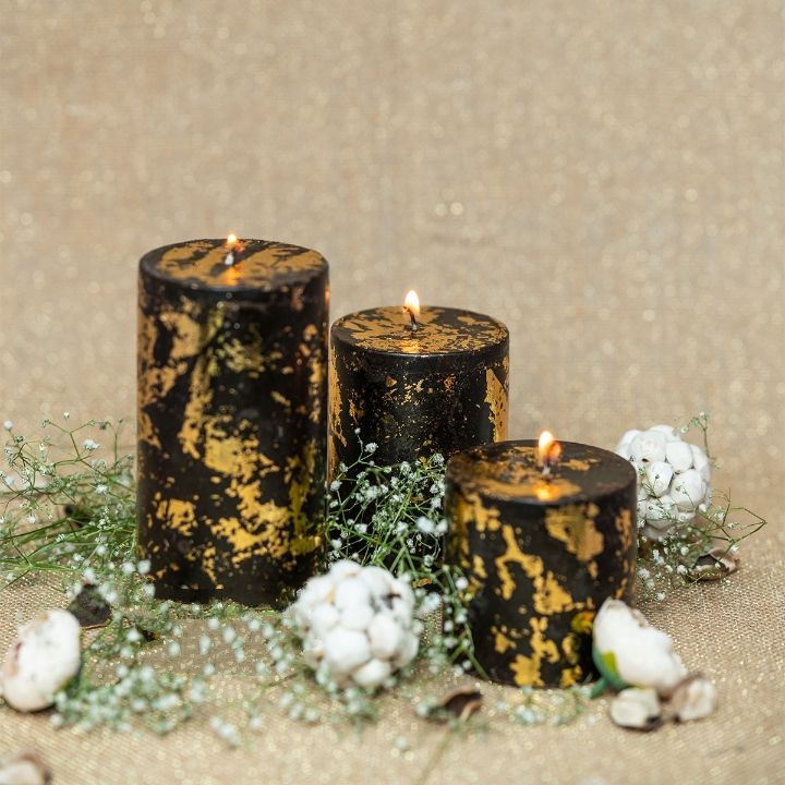 AYSERR --  3x2 INCHES TALL BLACK PILLAR CANDLE DECORATED WITH GOLD FOIL FLAKES (01 PC)