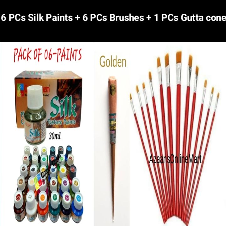 6 PCs SilkFabric Paints + 6 PCs Paint Brushes + 1 PCs  Fabric Gutta Cone For Outline Silk/Acrylic/Pearl Paints product.