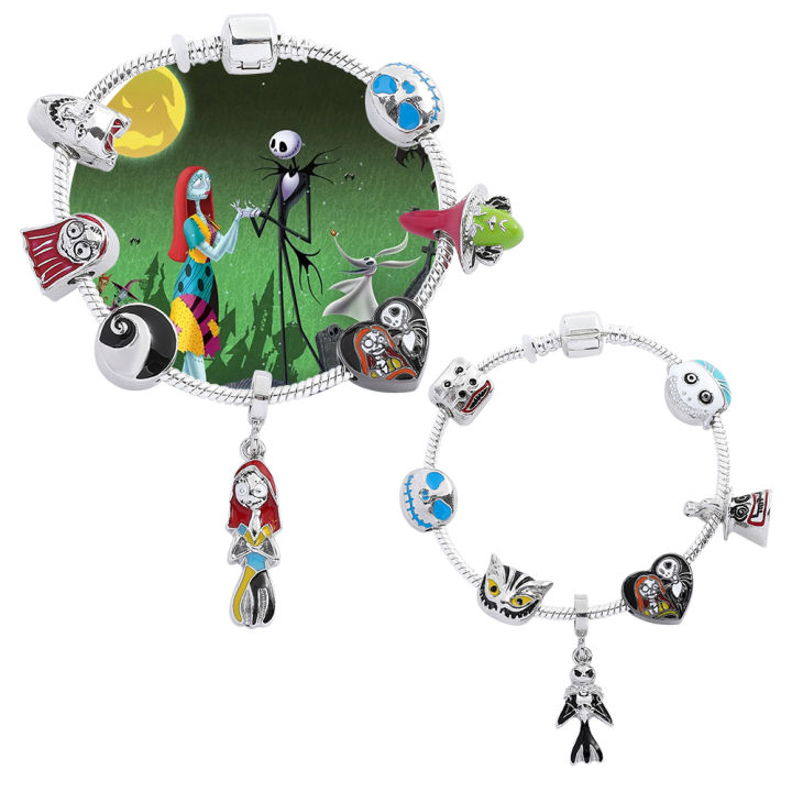 The Nightmare Before Christmas Bracelets Jack Skellington and Sally Pendant Bangle Disney Charm Bracelet for Women Jewelry