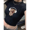 Earphone Cat Funny Printed Women's Summer Casual Slim Fit Cropped T-Shirt Fashion Versatile Y2k Spicy Girl Fashion Crop top. 