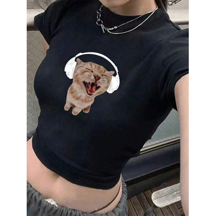 Earphone Cat Funny Printed Women's Summer Casual Slim Fit Cropped T-Shirt Fashion Versatile Y2k Spicy Girl Fashion Crop top