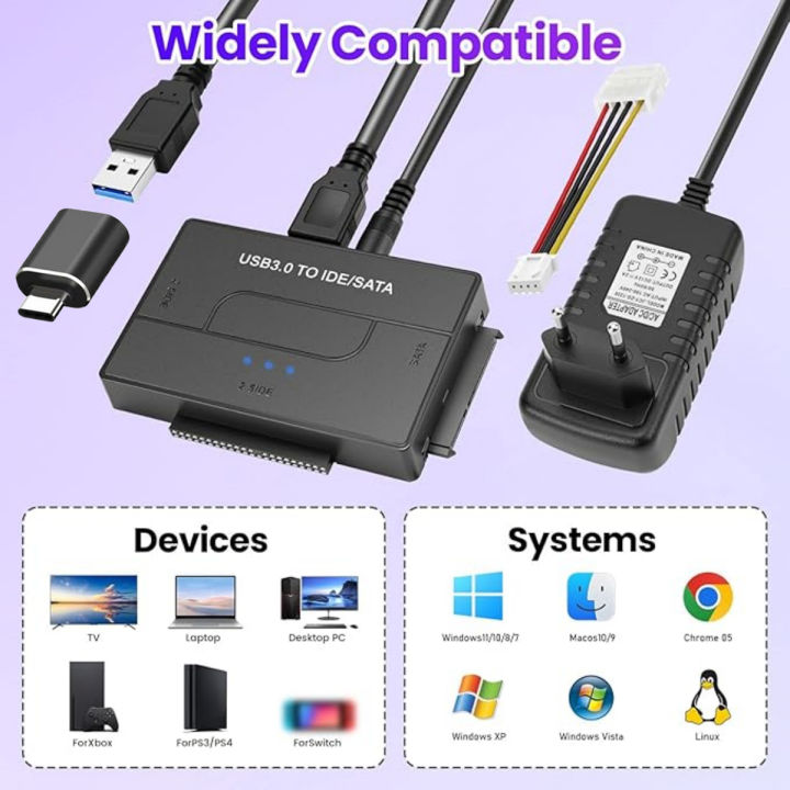 USB 3.0 to IDE and SATA Adapter, Universal External Hard Drive Adapter 2.5 or 3.5" SATA or IDE HDD SSD SATA to USB 3.0 Converter