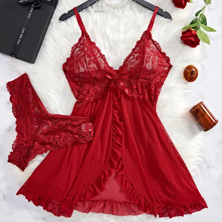 Lingerie%20Sleep%20Dress%20Women%20Nightdress%20Lace%20Sleepwear%20Solid%20Slim%20Soft%20V%20Neck%20Full%20Slip%20Dresses%20&%20Panties%20Set%20-%20Image%205
