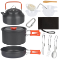 Outdoor camping cookware set made of aluminum alloy material not easy to stick to the pot nested packaging convenient to carry.