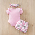 Mother's Day Themed Baby Short-Sleeved 3-Piece Set for Girls (0-18 Months), Pink Hearts and Bow Design. 